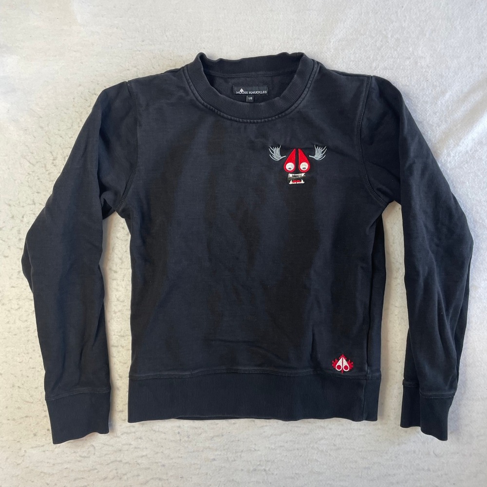 Moose Knuckles Sweatshirt Boys Large Black Graphic Logo Crewneck‎ Long Sleeve